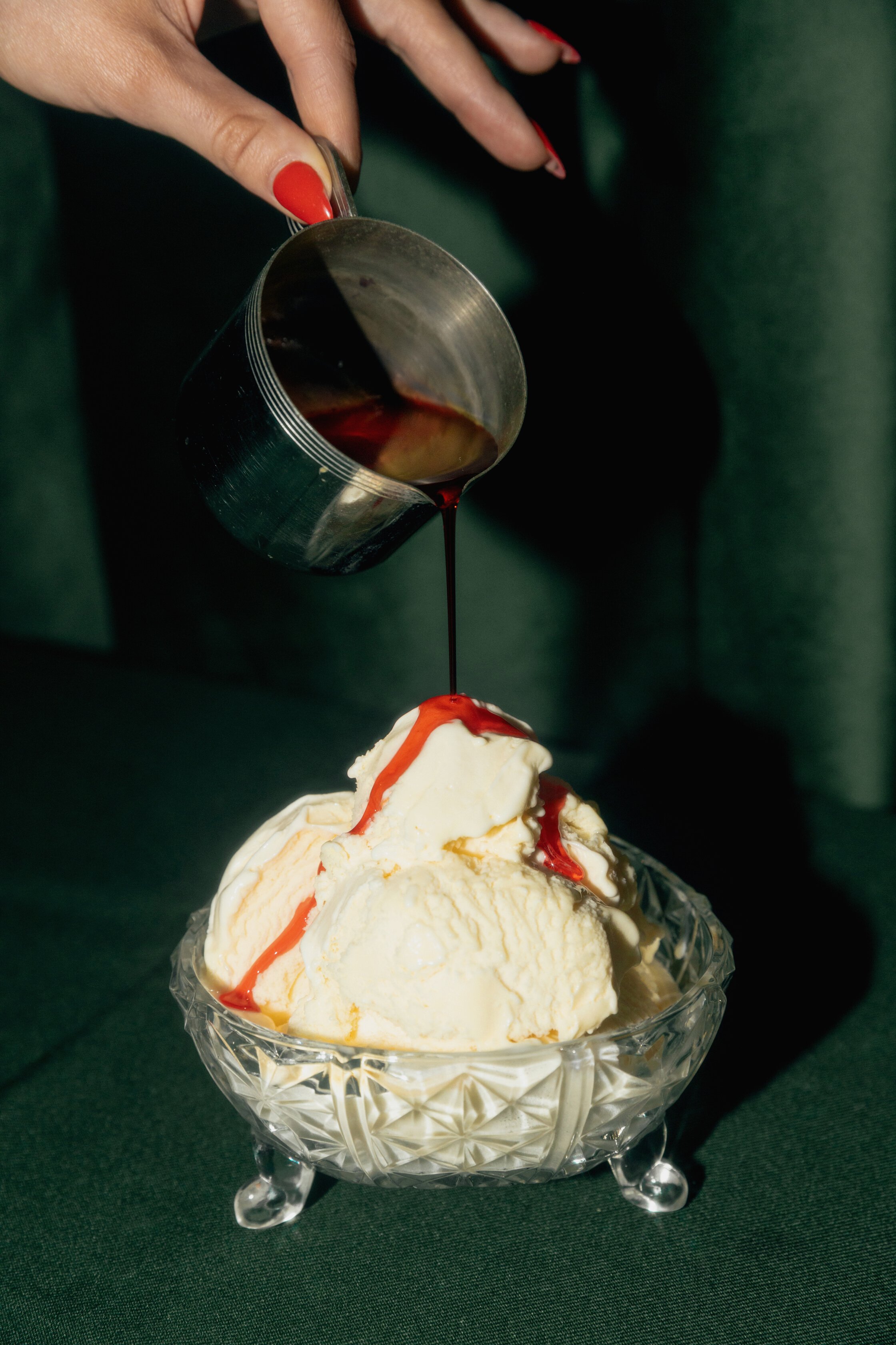 Hotel Food & Drink Pouring Sauce on Ice Cream